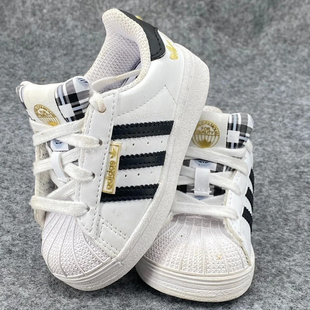 Adidas Infant Superstar White Black Sneaker Plaid Tongue Gold HP3260 5K